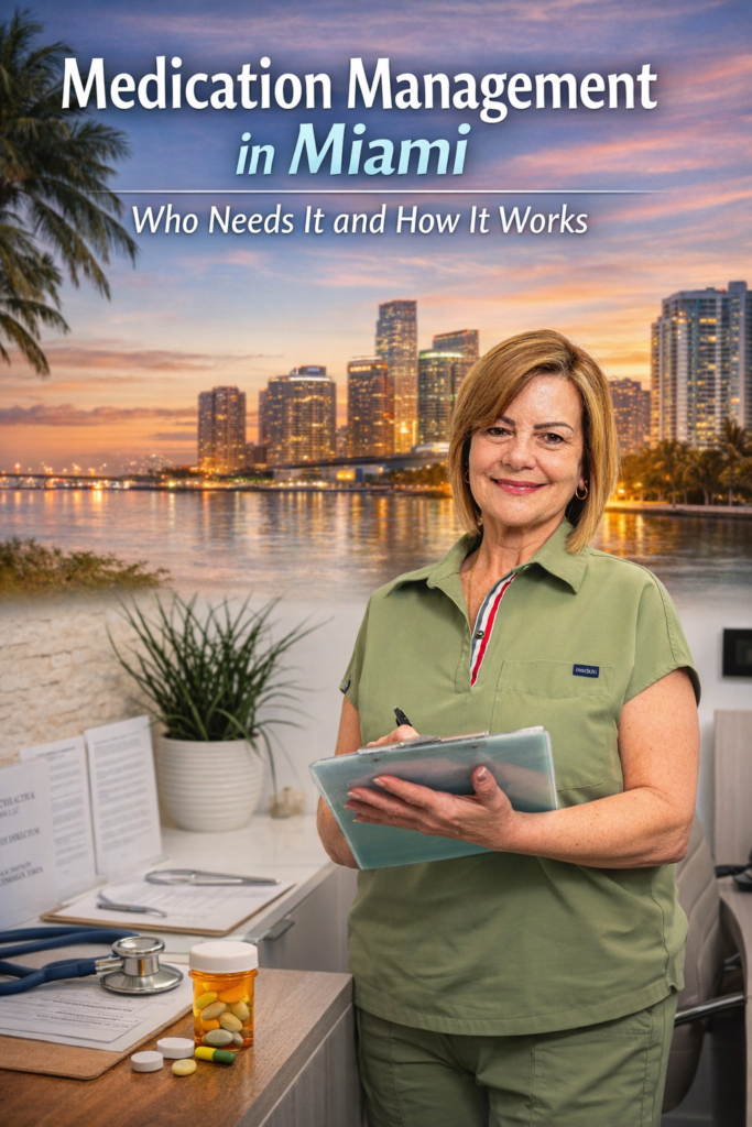 Staff member at Miami Mental Health and Wellness holding a clipboard in a medication management themed blog image with a Miami skyline background.