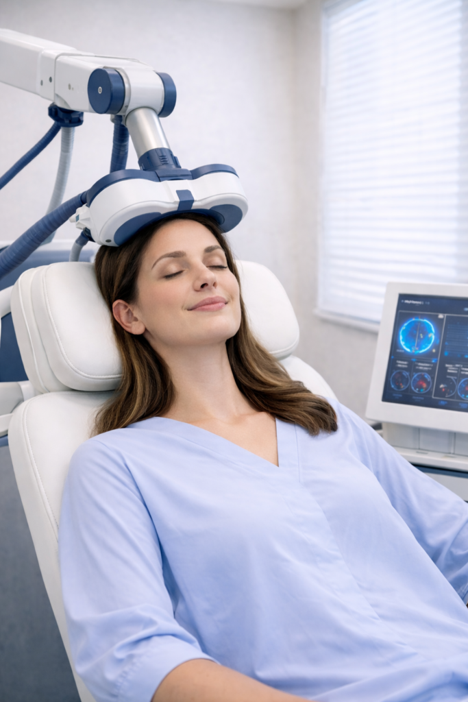 Patient receiving Transcranial Magnetic Stimulation TMS treatment in a clinical setting in Miami.